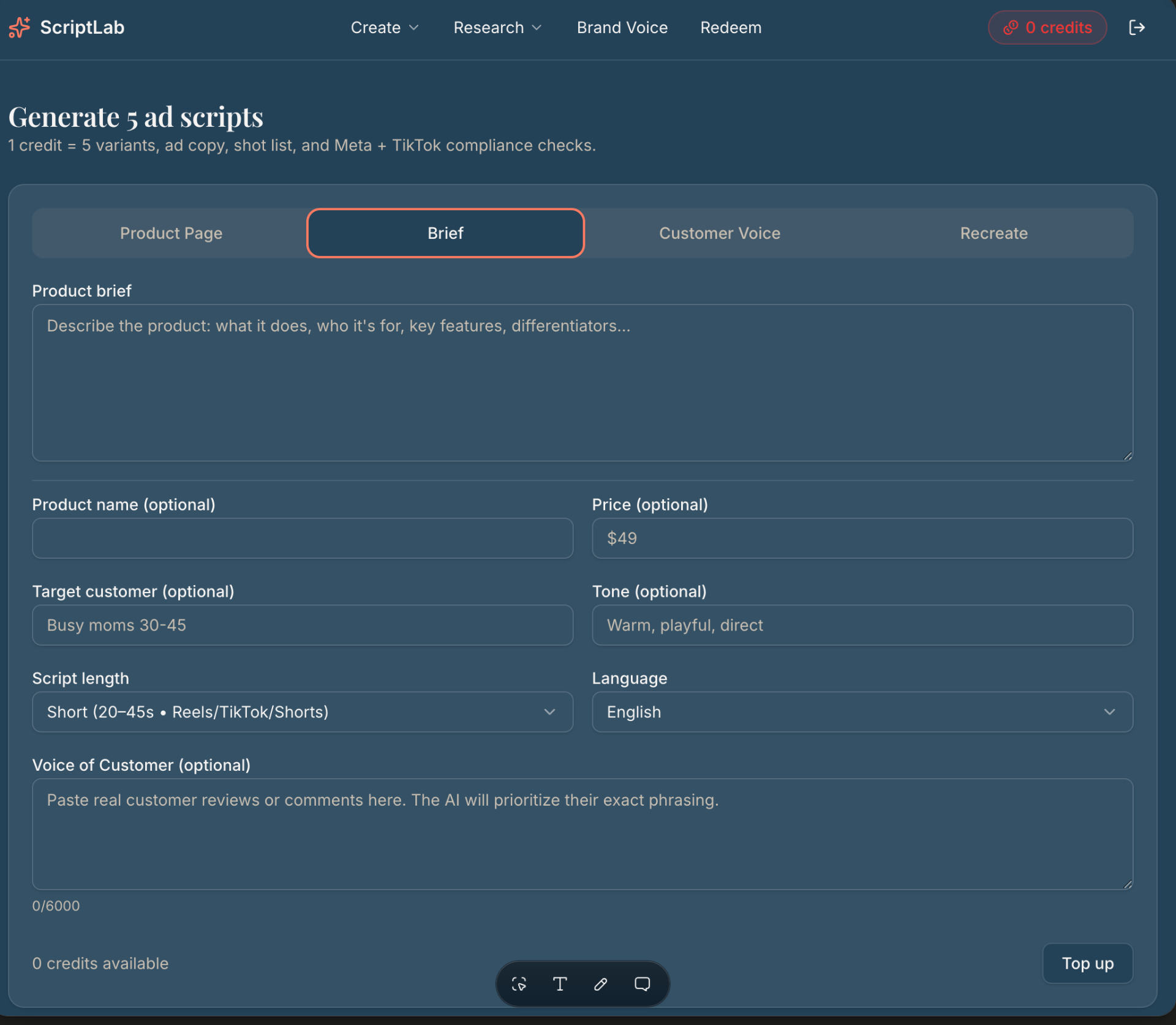 ScriptLab Brief mode input