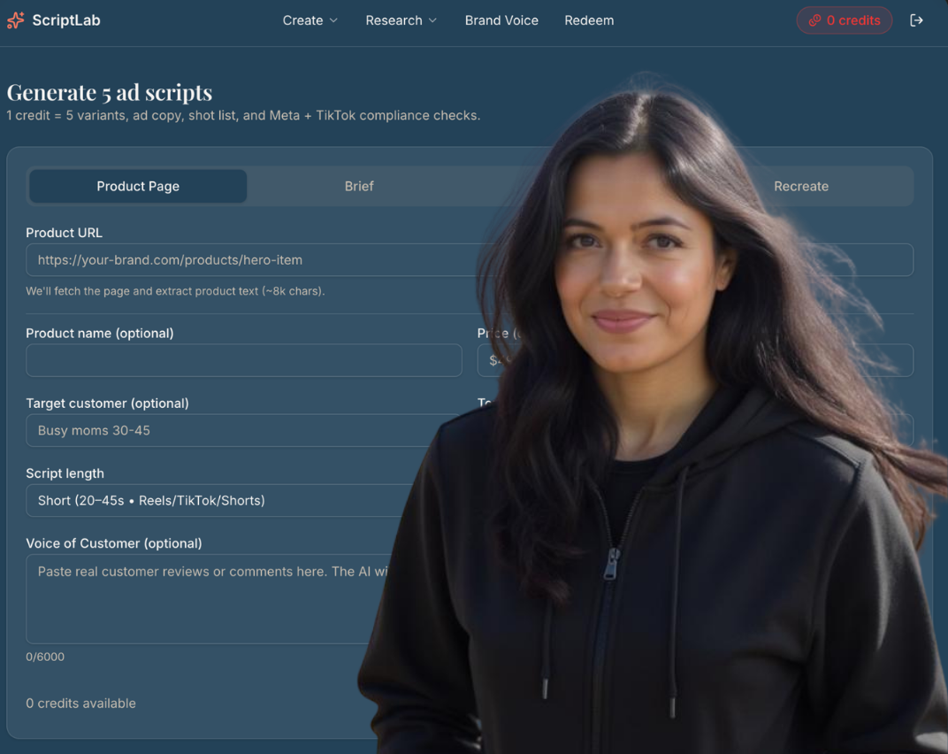 ScriptLab generator — paste a product URL, get 5 scored scripts